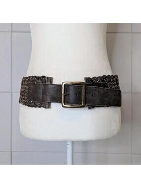 Vintage y2k wide braided woven leather grommet belt